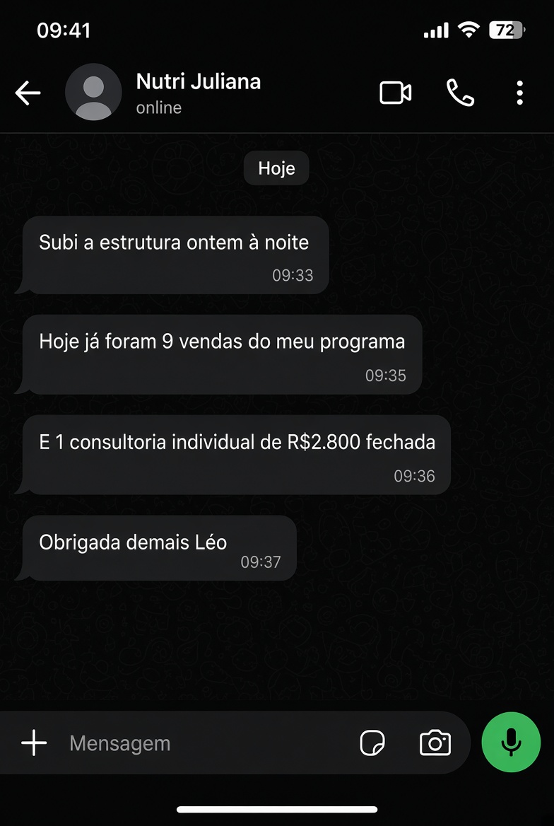 Depoimento de Juliana, nutricionista, sobre 9 vendas e consultoria de R$2.800
