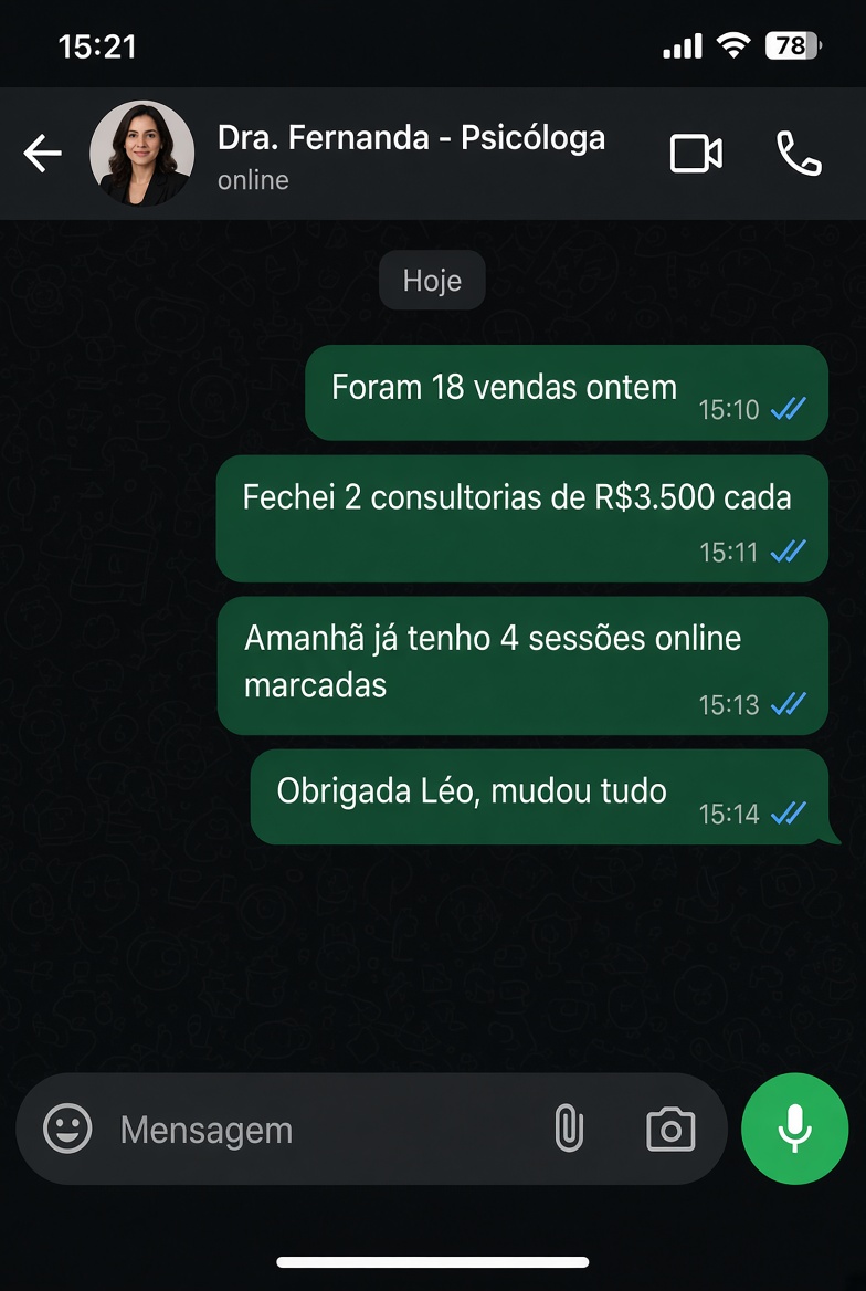 Depoimento de Dra. Fernanda, psicóloga, sobre 18 vendas em um dia